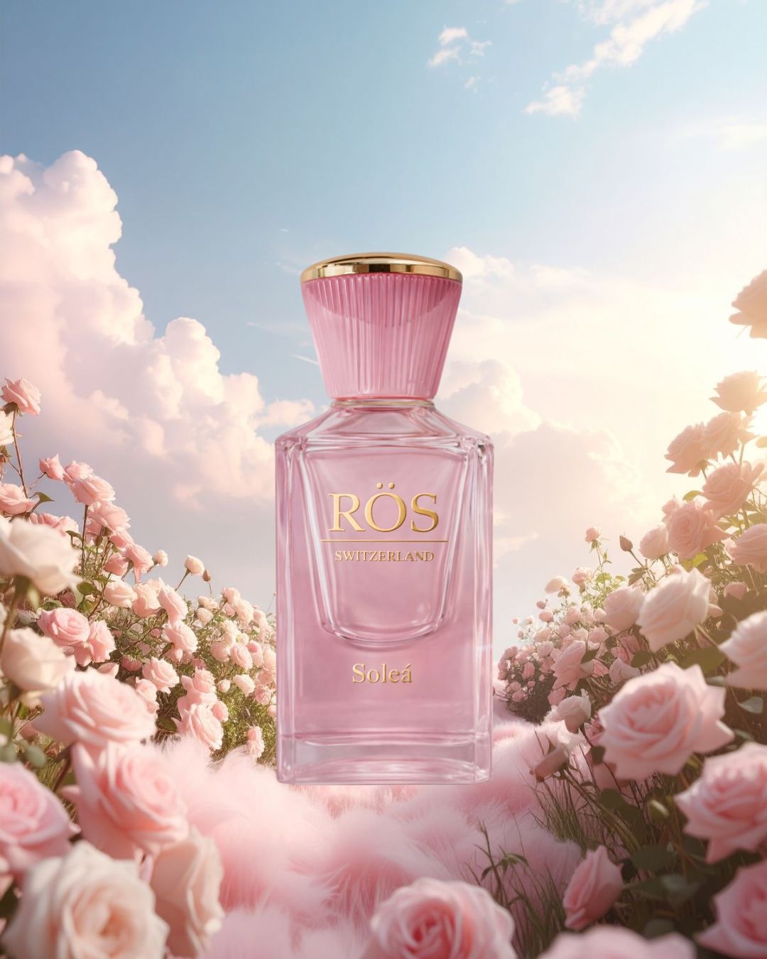 Soleá Parfumflasche mit rosa Rosen und Himmer im Hintergrund